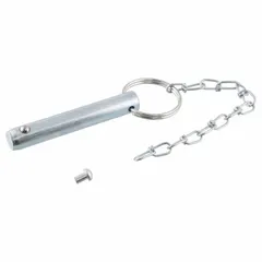 Replacement pin for CURT pipe mount swivel jacks, featuring a 3 1/2 in long chain. Used in fleet and vehicle maintenance for trailer leveling and stabilization.