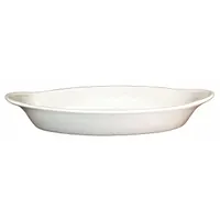 Vitrified stoneware dish in American White finish. Overall dimensions: 11 in length, 5 3/4 in width, 1 5/8 in depth. Suitable for preparing and serving rarebit, au gratin dishes, and other oven-to-table foods in commercial kitchens and foodservice operations