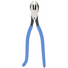 Flat jaw plier with 1 1/4 in jaw length, 1 1/8 in jaw width, and 1/2 in jaw thickness. Dipped handle for grip. Integrated nail cutter for cutting nails and wire. Used for gripping, bending, and cutting in construction and metalworking applications.