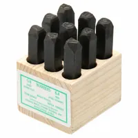 This hand stamp kit includes steel stamps with a 1/4 in character height, featuring characters 0 through 9 (6 doubles as 9), housed in a wood case. The precision-ground sharp-face stamps are used for permanently marking numbers onto metal, wood, and plastic parts in industrial maintenance, fabrication, and tool identification applications