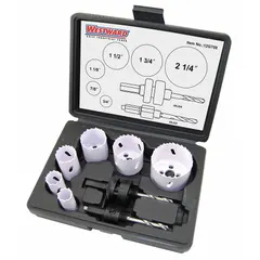 This 8-piece hole saw kit features bi-metal construction with 4/6 teeth per inch for cutting through wood, metal, and plastic. With a maximum cutting depth of 1-1/2 inches, it is suited for creating clean openings in electrical, plumbing, and HVAC installations.