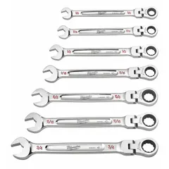 This 7-piece SAE 12-point ratcheting combination wrench set includes sizes from 3/8 in to 3/4 in. The wrenches are constructed from steel and Chrome Vanadium, featuring a flex head for access in confined spaces. The set is stored in a tray for organization. Not insulated; not intended for live electrical work.