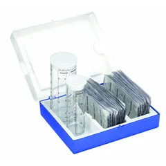 This test kit measures chloride levels in water over a range of 5 to 5,000 mg/L with a sensitivity of 5 mg/L. It includes reagents for 30 tests and is used for water quality analysis in applications such as industrial water treatment and environmental monitoring.