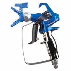 This airless spray gun from GRACO is constructed with stainless steel and features a 1/4 in NPSM air inlet. It is designed for applying coatings, lacquers, paints, and stains. The kit includes a RAC X LTX 517 SwitchTipBlueMax II. Suitable for industrial finishing and maintenance tasks.