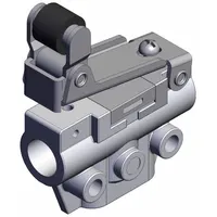 One way roller actuator valve with 3 ports, M5 connection, and bottom-ported body. Part of the VM Series manual air control valves for pneumatic directional control in industrial air systems and automated machinery