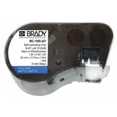 Continuous label roll cartridge for the BMP53 printer series. Vinyl, white matte material with dimensions 1 1/2 in x 25 ft. Designed for wire gauges 10 AWG to 4 AWG. Requires R4300 ribbon for printing. Used for wire and cable identification in industrial settings.