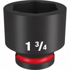 This 3/4" drive impact socket features a 1-3/4" SAE hex size with a 6-point configuration for reduced fastener rounding. The black phosphate finish provides corrosion resistance. Suitable for heavy-duty fastening and loosening of SAE hex nuts and bolts in industrial maintenance, automotive repair, and construction applications.