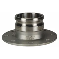 This Type AL cam and groove fitting has a 4 in flange connection and a 316 stainless steel body. It includes a locking arm and is rated for 100 psi maximum working pressure at 70°F. Used for connecting hoses or pipes in fluid transfer systems.