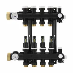 This polymer manifold assembly features one inlet and one outlet, sized 1 1/4 in by 3/4 in. It is used for branch distribution in hydronic heating systems, connecting a single supply line to one branch circuit to help balance flow in radiant floor or radiator loops.