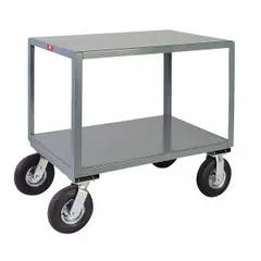 This JAMCO worktable features a powder-coated steel top and welded frame with fixed height. Fully assembled, it includes plate-mount casters with semi-pneumatic rubber wheels for mobility. The 12-gauge caster mounts support a 1200 lb overall load capacity. Suitable for general-use environments such as workshops, assembly lines, and maintenance areas.