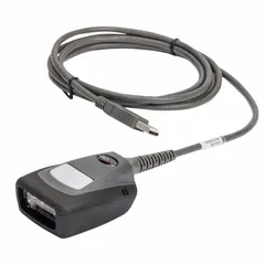 This corded 2D barcode scanner from BRADY is designed for rugged use in demanding environments such as warehouses, manufacturing floors, and retail back offices. It features a cable connection and requires a scanner cable for operation. The dark gray housing provides durability for continuous scanning of labels and packages.