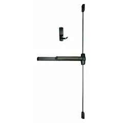 Surface vertical rod exit device with touchbar for doors up to 3 ft wide. Bronze construction. Includes dummy pull for exterior access. Releasing the touchbar retracts vertical rods at top and bottom of door for egress.