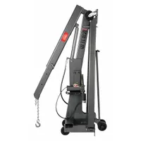 Steel-framed engine crane with 2-ton load capacity, pneumatic lifting actuator, 27-inch chain length, and three boom positions. Finished in gray. Used for lifting and positioning heavy components such as engines and transmissions in workshop and industrial maintenance settings
