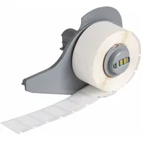 Precut nylon wraparound label with black-on-white printing, sized 3/4 in x 1/2 in. Designed for permanent identification of wires from 16 AWG to 10 AWG. Compatible with BMP71 printer series and requires M7-R6000 ribbon. Used in industrial control panels, electrical cabinets, and machinery for wire marking
