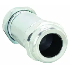 This steel compression pipe fitting is a straight connector for low-pressure applications. It joins two pipes of the same size in a straight line, rated for a maximum operating pressure of 125 psi at 73°F. Suitable for use in pneumatic, hydraulic, and industrial plumbing systems.