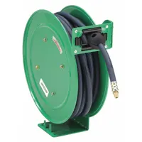 Spring Return Hose Reel: 50 ft (3/8 in I.D.), 1/4 in MNPT, 300 psi Max Op Pressure, Brass, Green