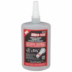 Red, high-strength threadlocker for permanent locking of threaded fasteners. Supplied in an 8.45 fl oz bottle. Used to secure fasteners against vibration and loosening in industrial machinery, pumps, and controls.