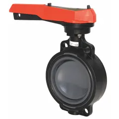 Concentric, wafer-style butterfly valve with PVC body and disc. Lever handle for manual operation. Rated for 145 psi CWP. Suitable for on-off or throttling flow control in piping systems handling water or non-aggressive fluids.