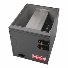 Cased indoor evaporator coil for split-system air conditioning and heat pump installations. Supports upflow or downflow airflow configurations. Features 3/8-inch liquid line and 7/8-inch suction line connections. Rated for 5-ton capacity.