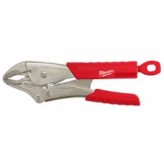 Curved-jaw locking pliers with a lever-type mechanism and tether-ready design for secure use at height. Overall length 10 in, jaw length 1 1/8 in, maximum jaw opening 3 in. Suitable for clamping, gripping, and holding workpieces in industrial maintenance, fabrication, and assembly tasks.