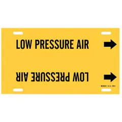 Yellow strap-on pipe marker with black legend text reading 'Low Pressure Air' and directional arrows. Fits pipe outer diameters from 8 to 9-7/8 inches. Used to identify low-pressure air lines in piping systems for clear visual indication of line contents.