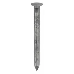 These collated roofing nails are 1-1/2 inches long with a galvanized finish for corrosion resistance. They feature a flat head, smooth shank, and diamond point for clean penetration into wood decking. Supplied in a 7,200-count pack, they are used for fastening roofing felt, shingles, and underlayment in residential and commercial roofing applications.
