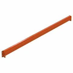 Roll-formed teardrop step beam for pallet rack systems. Measures 120 in length, 2 1/2 in depth, 6 in height. Orange finish. Supports palletized loads in warehouse storage applications.