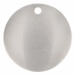 This blank valve tag is made from stainless steel with a silver finish, 0.035 in thick, round shape, and sold in a 25-pack. It is used for identifying pipes, valves, and equipment in industrial plants, where its stainless steel construction resists corrosion in harsh environments.