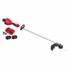 This cordless string trimmer kit includes an 8.0 Ah battery and features a straight shaft design. It is suited for cutting grass and weeds in residential and commercial landscaping tasks where cordless mobility is required.