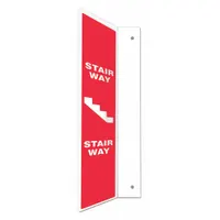 This L-shape projection stair way sign is designed for mounting in stairwells to provide directional or warning information. It features two printed sides for visibility from multiple angles and mounting holes for secure installation. The sign is not retroreflective and does not glow in the dark
