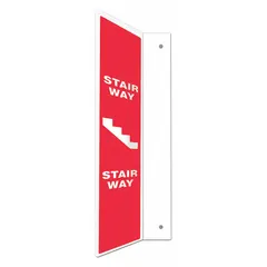This L-shape projection stair way sign is designed for mounting in stairwells to provide directional or warning information. It features two printed sides for visibility from multiple angles and mounting holes for secure installation. The sign is not retroreflective and does not glow in the dark.