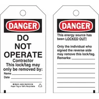 Paper danger tag with 'Danger Do Not Operate' legend in English. Features a write-on surface for recording date, name, and remarks. Used in lockout/tagout procedures to warn against equipment operation during maintenance or repair