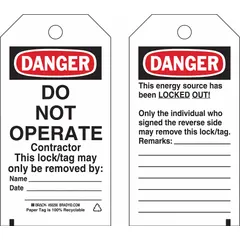 Paper danger tag with 'Danger Do Not Operate' legend in English. Features a write-on surface for recording date, name, and remarks. Used in lockout/tagout procedures to warn against equipment operation during maintenance or repair.