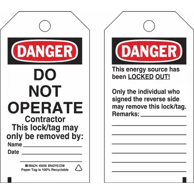 BRADY Tag Bahaya: Bahaya, Bahaya Jangan Dioperasikan, Kertas, Tanggal/Nama/Catatan, Permukaan Dapat Ditulis - Safety