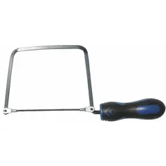 Coping saw with an 11-inch overall length and a tungsten carbide blade for cutting intricate curves and shapes. The rubber handle provides a comfortable grip. Includes 15 blades. Suitable for woodworking, trim work, and hobbyist projects.