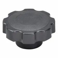 This 8-arm knob features a plastic body with a steel threaded insert. It has a 2.38 in diameter and a 1/4"-20 thread size. Used for manual adjustment and clamping on machinery, fixtures, and control panels.