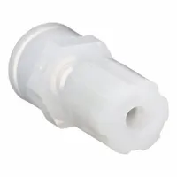 This PFA compression fitting adapter connects 1/8 in OD tubing to a 1/4 in FNPT port. It is FDA approved for use in food-grade, pharmaceutical, and chemical-handling systems requiring purity and corrosion resistance