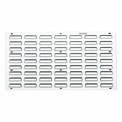 This wall-mount louvered panel measures 19 inches by 36 inches with a 7/16-inch thickness. It features a white powder-coated finish and is designed for organizing tools and small parts in workshops, garages, and industrial facilities. The panel provides a mounting surface for hooks and accessories, keeping items accessible and tidy. No bins are included.