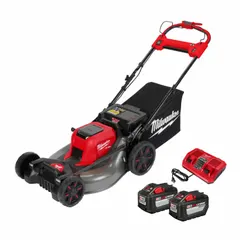 This battery-powered lawn mower features a 21-inch steel deck with side discharge and a single-point cutting height adjustment. It offers variable speed settings and a 60-minute run time on the M18™ REDLITHIUM™ battery platform. The kit includes one battery. Suitable for residential lawn care on medium-sized yards.