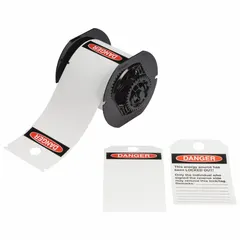 Pre-cut polyester tags on a roll, 5 3/4 in x 3 1/4 in, white, with 100 tags per roll. Designed for indoor/outdoor use, compatible with S3100 printer series and requiring B30-R10000 ribbon. Used for industrial safety labeling to warn personnel of hazardous conditions on machinery, electrical panels, and piping.