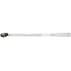 This ratcheting micrometer torque wrench features a 1/2 in square drive and a torque range of 60 N-m to 300 N-m. The micrometer-style adjustment mechanism enables precise torque setting for consistent fastener tightening. It is tether capable for added safety in elevated or confined work areas. Commonly used in industrial assembly, maintenance, and repair applications requiring accurate torque control.