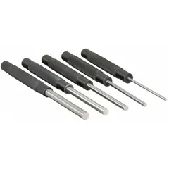 This 5-piece punch set includes flat-tip drive pin punches with tip diameters ranging from 1/8 to 3/8 in SAE. Each punch is 8 in overall length and constructed from steel. Used for driving out pins and fasteners in mechanical assemblies during maintenance and repair tasks.