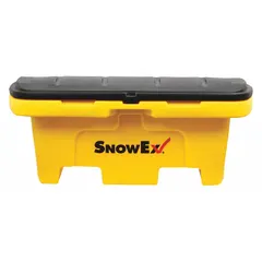 Stationary, rigid rectangular salt container with solid walls and included lid. Measures 48 in x 33 1/4 in x 20 3/4 in. Features 2-way fork entry and fork pockets for handling. Stacking capable for space-efficient storage. Suitable for storing bulk salt or de-icing materials in industrial or commercial settings.