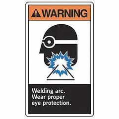 These adhesive vinyl signs warn personnel to wear proper eye protection during welding arc operations. Each sign measures 5 in x 3 1/2 in with a thickness of 0.02 in. The signs are non-retroreflective and do not glow in the dark. Supplied in a 5-pack for installation on equipment or walls in industrial environments.