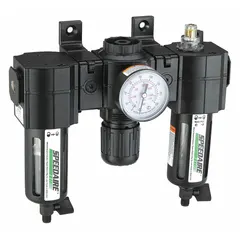 This FRL unit combines filtration, pressure regulation, and mist lubrication for compressed air systems. It handles flow up to 56 cfm, filters particles to 5 micron, and operates at a maximum pressure of 150 psi. Typical applications include pneumatic circuits in industrial machinery and air tools.
