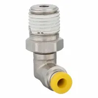 Nickel-plated brass elbow fitting with Push-to-Connect x BSPT connections, accepting 4 mm OD tubing and 1/4 in BSPT male thread. Suitable for pneumatic, lubrication, and coolant systems requiring quick, tool-free assembly