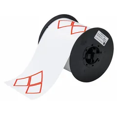 Red vinyl precut label roll with acrylic adhesive, featuring GHS/CLP 3A diamond pictograms and no legend. Each label measures 4 1/8 in x 6 3/32 in with a 4 9/64 in diamond. Compatible with the i5300 printer series for on-demand printing of chemical hazard labels in industrial facilities.
