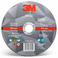 3M Silver Series cut-off wheel, Type 1, 6" diameter, 0.045" thickness, 7/8" arbor hole. Ceramic grain, 60 grit. Designed for cool-cutting on carbon and stainless steel. Suitable for metal fabrication, maintenance, and repair tasks