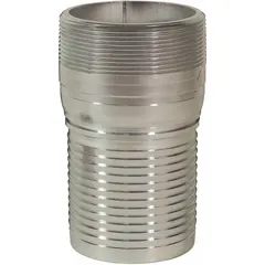 This steel x steel combination nipple features a 4 in hose barb on one end and a 4 in NPT male thread on the other, designed for connecting 4 in ID hose to pipe threads. Suitable for multipurpose air, water, and chemical transfer applications.