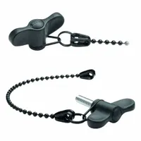 This tethered wing knob features a threaded stud with M6 thread and 20 mm thread length. The black tether is made of POM-based technopolymer with a nominal length of 200 mm. It is used for manual clamping and adjustment in industrial machinery, panel doors, and safety guards where tool-free operation and component retention are required